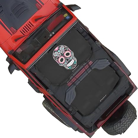 Shadeidea JK Sun Shade Top Compatible with Jeep Wrangler JKU 4 Door Top Sunshade Soft Mesh Roof Cover (2007-2018)- Wind Noise UV Blocker -10 Year Warranty - Sugar Skull - Front&Rear (2 pcs) - sugar skull car sunshade for windshield