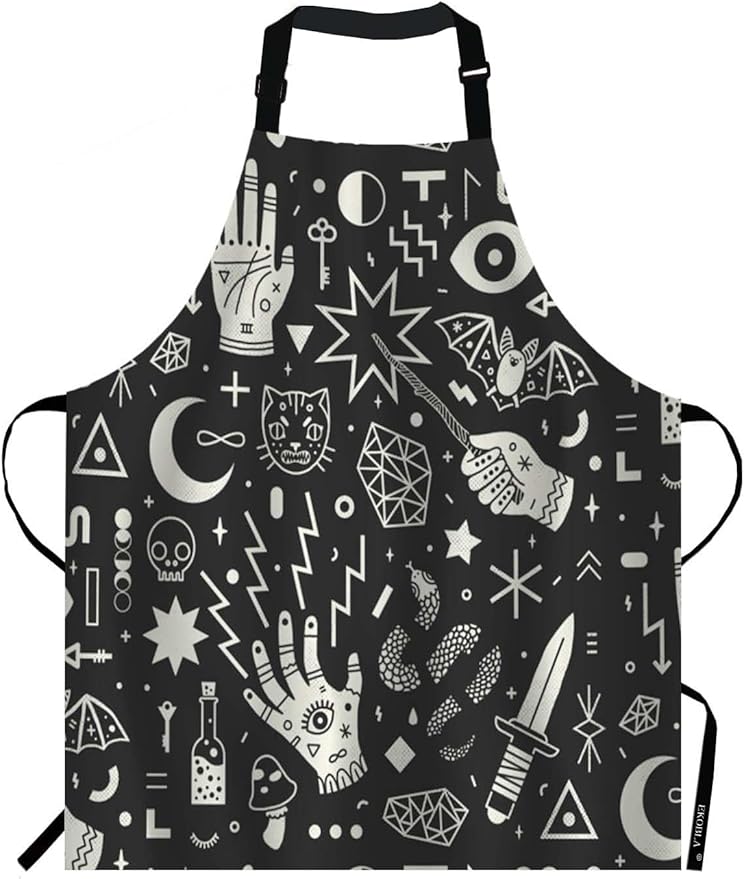 EKOBLA Magical Witchcraft Aprons Hand Eyes Moon Skull Cat Bat Snake Dagger Mushroom Key Waterproof Resistant Chef Cooking Kitchen BBQ Adjustable Aprons for Women Men 27x31 Inch - sugar skull apron for women