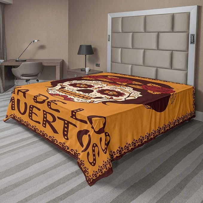 Ambesonne Sugar Skull Flat Sheet, Mexican Skull Girl with Hair and Flower Wreath Print, Soft Comfortable Top Sheet Decorative Bedding 1 Piece, California King, Brown Marigold - sugar skull wreath for front door