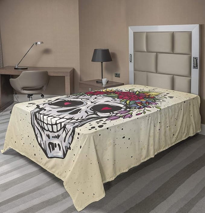 Ambesonne Sugar Skull Flat Sheet, Human Skull with Wreath of Roses and Wild Flowers Hearts in Boho Form Design, Soft Comfortable Top Sheet Decorative Bedding 1 Piece, TwinXL Size, Multicolor - sugar skull wreath for front door