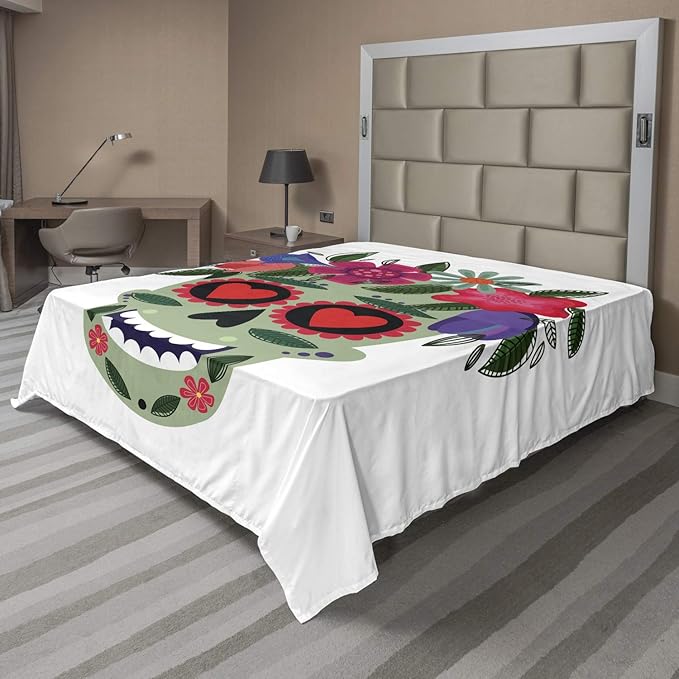 Ambesonne Sugar Skull Flat Sheet, Smiling Skull Wearing Floral Wreath Image Mexican Tradition Concept, Soft Comfortable Top Sheet Decorative Bedding 1 Piece, King Size, Multicolor - sugar skull wreath for front door