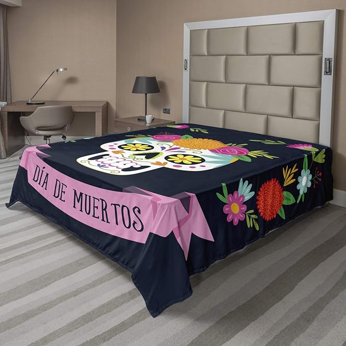 Ambesonne Sugar Skull Flat Sheet, Day of Deadme Colorful Skull with a Floral Wreath, Soft Comfortable Top Sheet Decorative Bedding 1 Piece, King Size, Navy Blue and Multicolor - sugar skull wreath for front door