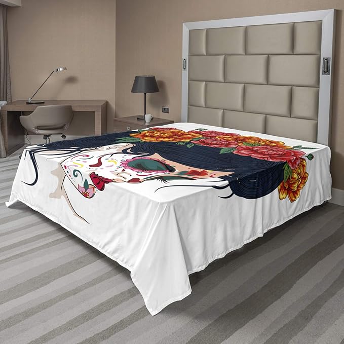 Ambesonne Day of The Dead Flat Sheet, Girl with Sugar Skull Makeup and Floral Wreath Cartoon Graphic, Soft Comfortable Top Sheet Decorative Bedding 1 Piece, Queen Size, Multicolor - sugar skull wreath for front door