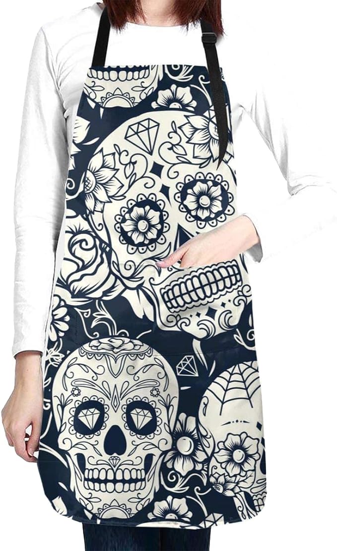 Sugar Skulls Waterproof Apron for Adults Day of the Dead Chef Bib With Roomy Pocket for Kitchen BBQ Crafting Drawing - sugar skull apron for women