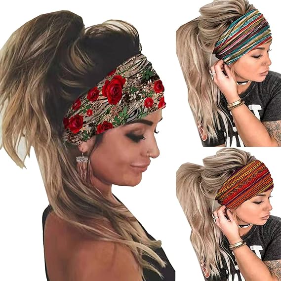 K-Elewon 3 Pack Women Wide Elastic Head Wrap Headband Sports yoga Hair Band - sugar skull flower crown