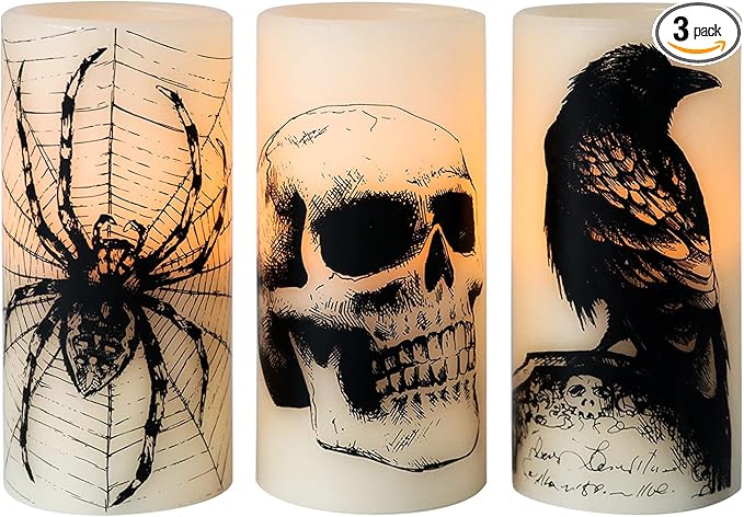Eldnacele Halloween LED Flameless Flickering Candles Battery Operated with 6H Timer Skull Spider Web Crow Raven Spooky Decals Halloween Themed Indoor Decoration(3 Pack, D3 x H6) - sugar skull candle holder