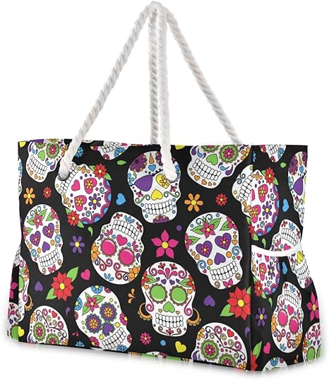 ALAZA Beach Bag, Day of the Dead Sugar Skull Halloween Travel Tote Bags for Camping, Exercise - canvas sugar skull tote bag
