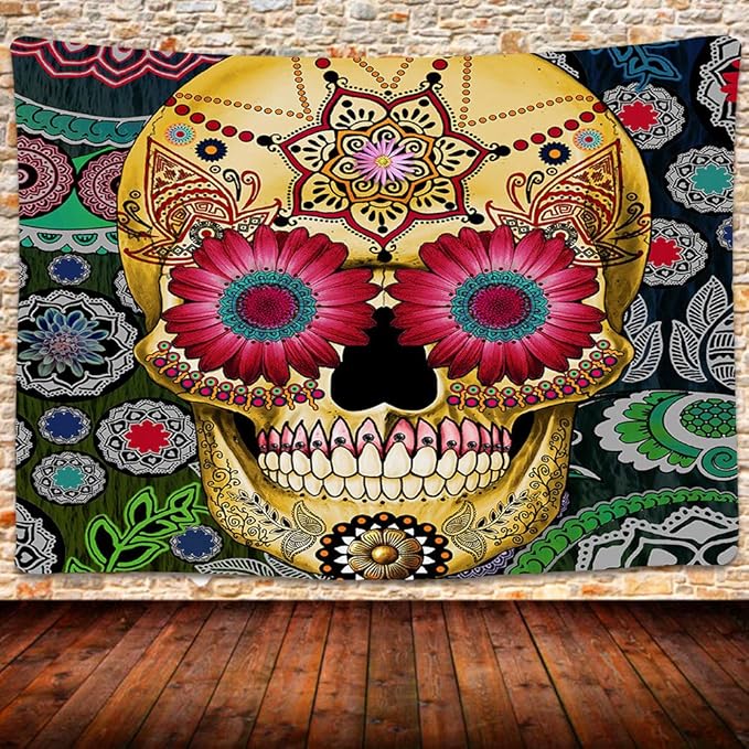 Sugar Skull Tapestry, Day of The Dead theme Wall Art Bohemian Skull with Flowers Home Decor Tapestries for Bedroom Living Room Dorm Office 80x60 Inches GTZYUH115 - sugar skull canvas wall art