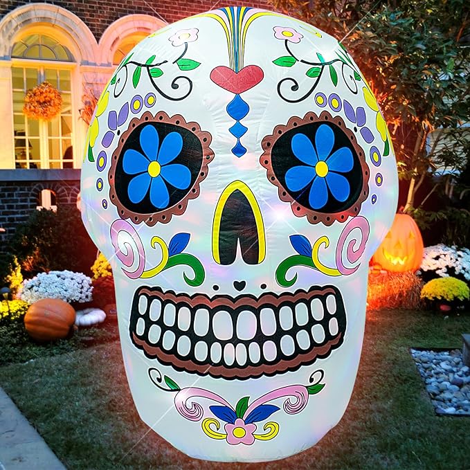 AJY 4 Feet Colorful Skull Halloween Inflatable Skull LED Lights Decor Outdoor Indoor Holiday Decorations Blow up Lighted Yard Decor Lawn Inflatable Home Garden Party Favor Decoration - sugar skull christmas decorations
