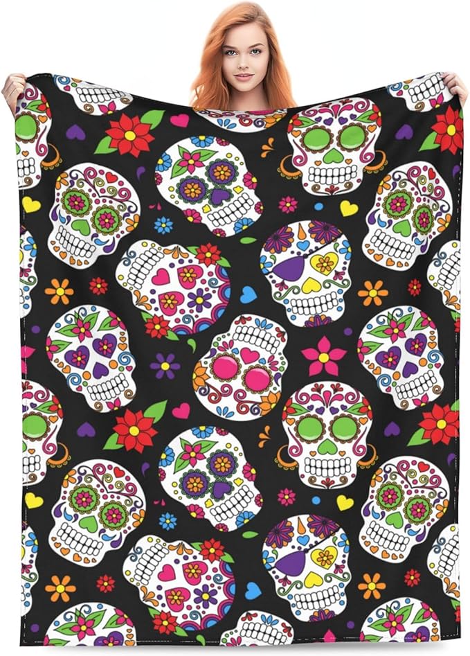 BLUBLU Day of The Dead Sugar Skull Flannel Fleece Bed Blanket Throw Blanket Lightweight Cozy Plush Blanket for Bedroom Living Rooms Sofa Couch 50"x40" - sugar skull beach towel