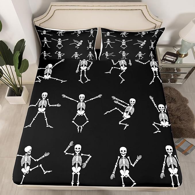 Erosebridal Sugar Skull Sheet Set Twin Size Skeleton Bones Bedding Set for Kids Boys Girls Teens Adult Halloween Horror Theme Fitted Sheet Gothic Spooky Bed Sheet Wrinkle Bedclothes(No Flat Sheet) - sugar skull throw pillow