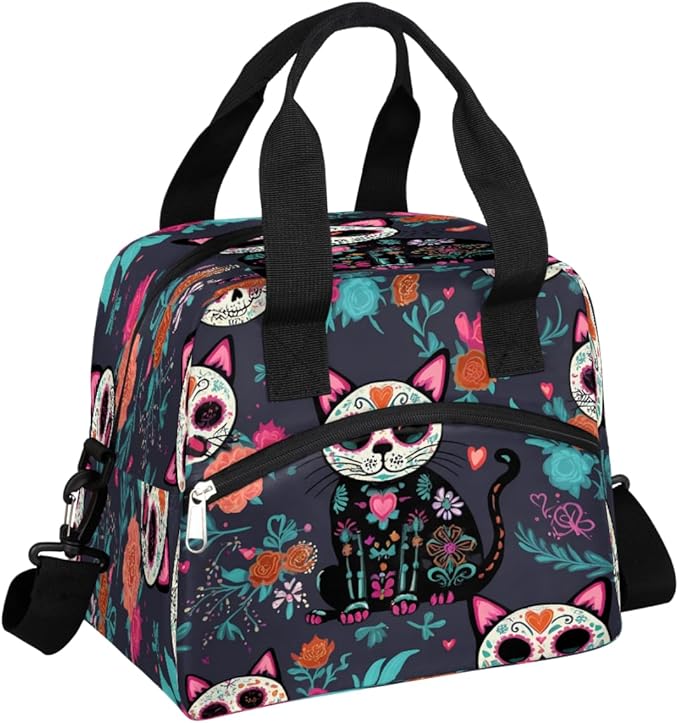 Lunch Bag Sugar Skull Flower Cat Lunchbox Organizer Insulated Waterproof Men Women Tote Cooler Handbag Adjustable Shoulder Strap for kids Girls Boys School Office Picnic - sugar skull handbags for sale