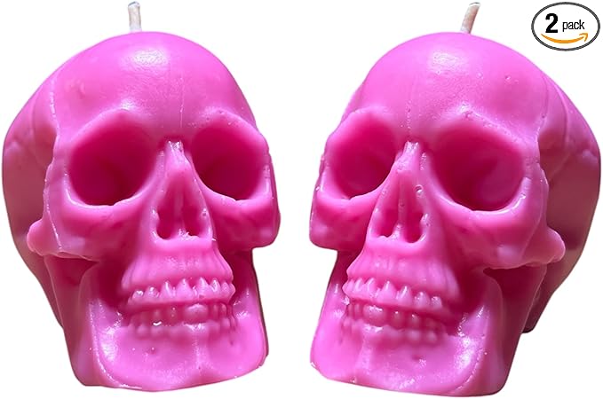 2 pcs pink skull candles for love spells (gift, witches, witch, figure, aessthetic, skeleton, goth, spooky, ritual, fireplace, decorations, bloody, brain, spiritual, weird, satanic, drip) - sugar skull candle holder