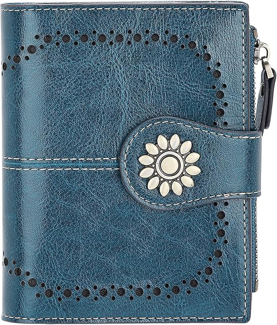 Womens Leather Wallet Small Compact RFID Blocking Credit Card Case Purse with Zipper Pocket - sugar skull wallets for women