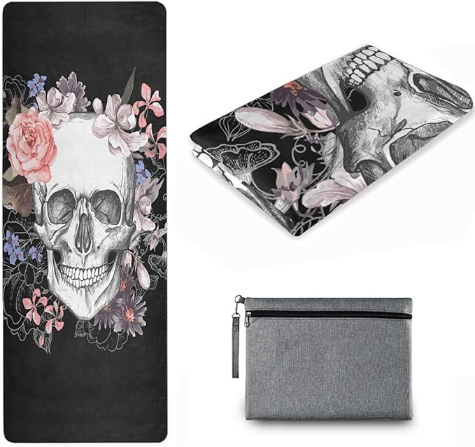 Naanle Skull Yoga Mat with CarryInchesg Bag Set, Watercolor Skull Exercise Mat Foldable Non Slip Travel Lightweight Workout Rug for Home Gym Yoga Pilates StretchInchesg Floor Fitness 71x26 Inches - sugar skull yoga mat