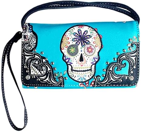 Western Rhinestone Flora Sugar Skull Crossbody Small Pouch Wallet in 6 colors (Turquoise) - sugar skull handbags for sale