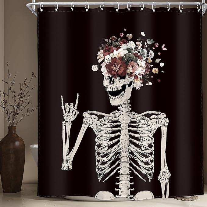 Homewelle Halloween Skull Floral Skeleton Black Shower Curtain for Bathroom Gothic Goth 60Wx72L Inch Spooky Sugar Rock Roll Cool Sugar Funny Hippie Bone Love Scary Magic Waterproof Polyester Fabric - sugar skull shower curtain set