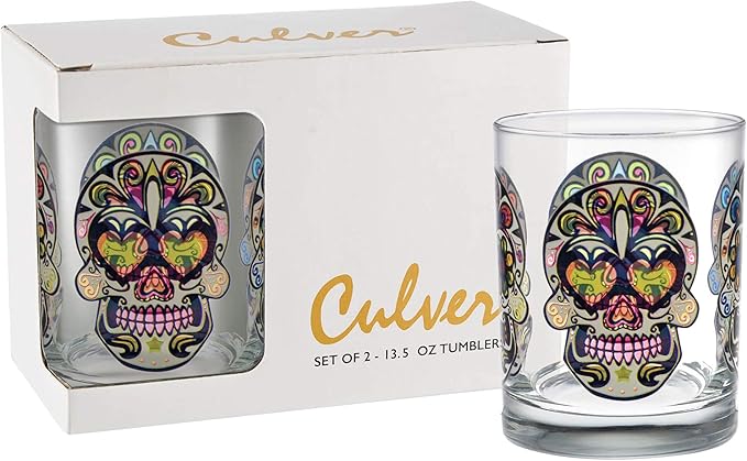 Culver Festive Sugar Skulls Decorated Double Old Fashioned Tumbler Glasses, 13.5-Ounce, Gift Boxed Set of 2 (Clear) - sugar skull wine glass