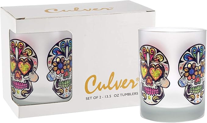 Culver Festive Sugar Skulls Decorated Double Old Fashioned Tumbler Glasses, 13.5-Ounce, Gift Boxed Set of 2 (Frosted) - sugar skull throw blanket