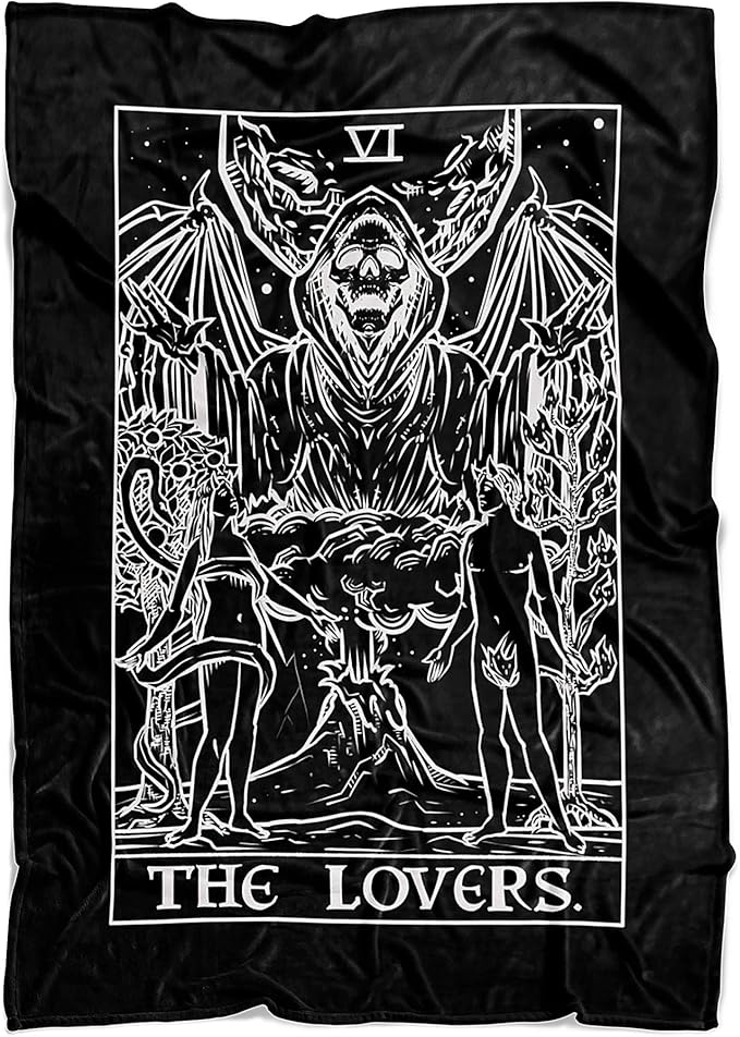 The Lovers Tarot Card Throw Blanket - Grim Reaper Gothic Couple Valentines Day Halloween Home Decor (Black & White) (60" x 50") - sugar skull throw blanket