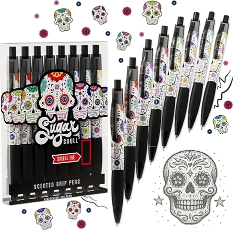 Sugar Skull Smens - Patented Gourmet Scented Pens, Black Ink, Medium Point - 8 Count - sugar skull handbags for sale