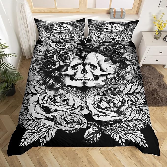 Mr Mrs Bedding Set,3D Sugar Skull Bedding with Rose Floral for Lover Couple 3Pcs Black White Comforter Cover Romantic Valentine Day Home Bedroom Decor Quilt Cover King(Gothic Skeleton Wedding Skull) - sugar skull bedding set
