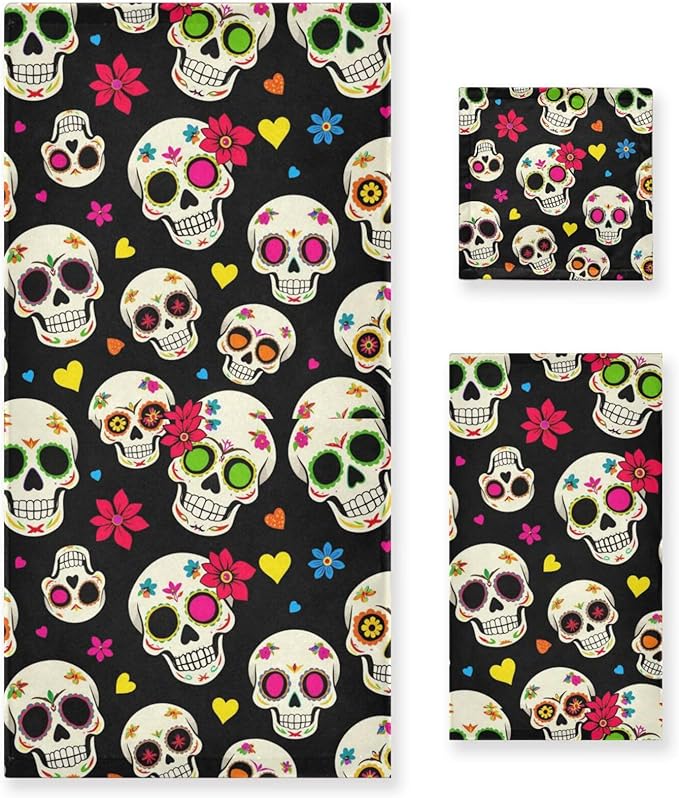 Vdsrup Sugar Skull Skeleton Bathroom Towels Set of 3 Day of The Dead Halloween Bath Hand Towel Soft Washcloth Beach Face Guest Towel Kitchen Tea Dish Towels Housewarming Gifts - sugar skull beach towel