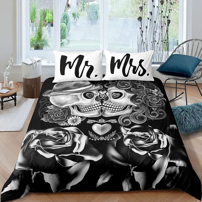 3D Sugar Skull Bedding Set King Rose Floral Duvet Cover Letter Mr Mrs Printed Valentine's Day Couple Adults Room Decor Youth Death Halloween Skull Pattern Comforter Cover Gothic Skeleton Lover Gift - sugar skull bedding set