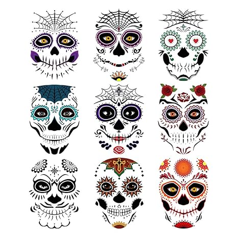 Day of the Dead Sugar Skull Temporary Face Tattoo Kit, 9 PCS Web Face Tattoo For Halloween, Party,Costume, Men, Women - sugar skull temporary tattoo