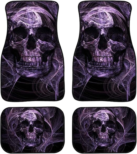 4 Piece Set Purple Skull Car Floor Mat Universal Fit Heavy Duty All Weather with Rubber Backing - sugar skull floor mat