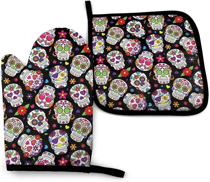 Day of The Dead Sugar Skull Oven Mitts and Pot Holders Sets Heat Resistant Kitchen Halloween Oven Gloves Non-Slip for Safe BBQ Cooking Baking Grilling Set of 2 - sugar skull oven mitts