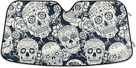 Vintage Sugar Skull Flower Car Windshield Sun Shade Foldable UV Ray Sun Visor Protector Day of The Dead Halloween Sunshade to Keep Your Vehicle Cool (55" x 27.6") - sugar skull car sunshade for windshield