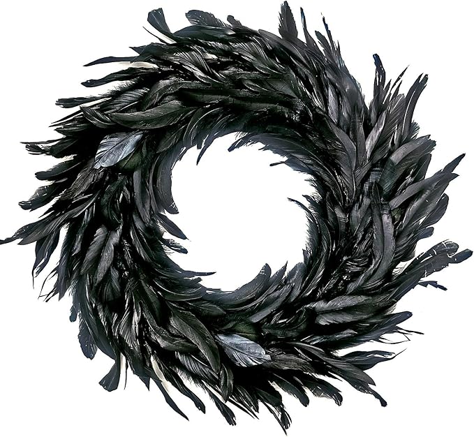MOVINPE Black Feather Wreath - 14.9'' Natural Cocktail Feather Wreath, Halloween Photo Props, Front Door Decor Witch Spooky Scene Party Decorations - sugar skull wreath for front door