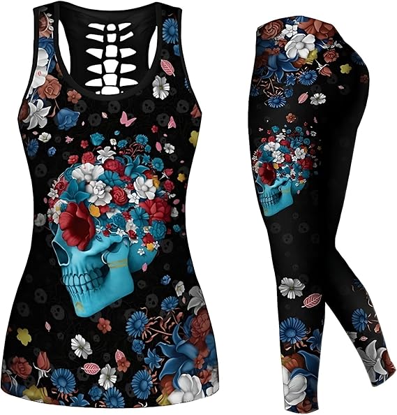 Women’s Sugar Skull Yoga Outfits for Women 2 Piece Sets, Fall Tank Tops Leggings Workout Activewear for Girls - sugar skull wallets for women