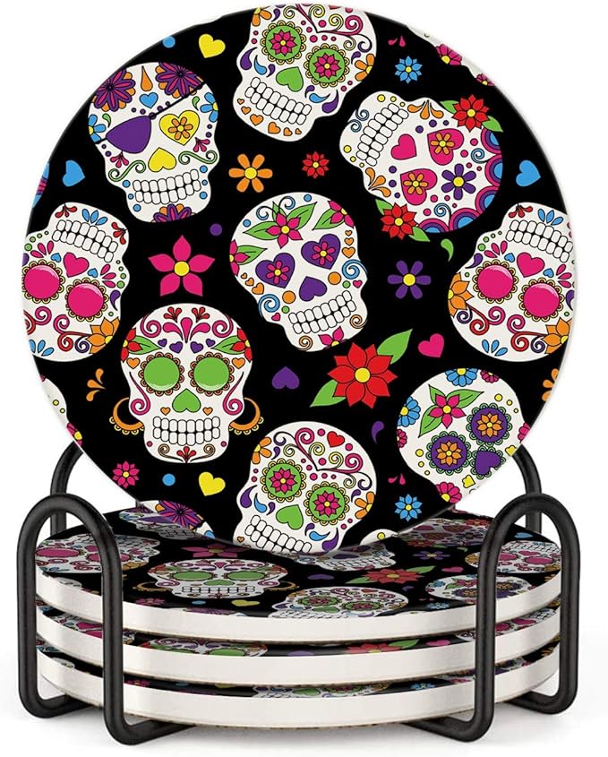 Dead Sugar Skull Floral - 4in Coasters for Drinks Absorbent with Holder Drink Coasters with Cork Base Absorbent Coaster Set Housewarming Gift - Set of 4 Coasters - sugar skull area rug