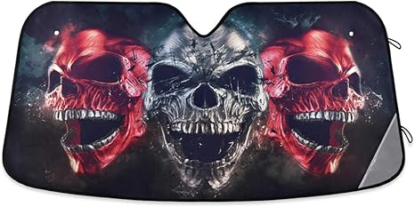 Demon Skulls Cool Car Windshield Sun Shade Foldable UV Ray Sun Visor Protector Sunshade to Keep Your Vehicle Cool (55" x 27.6") - sugar skull car sunshade for windshield