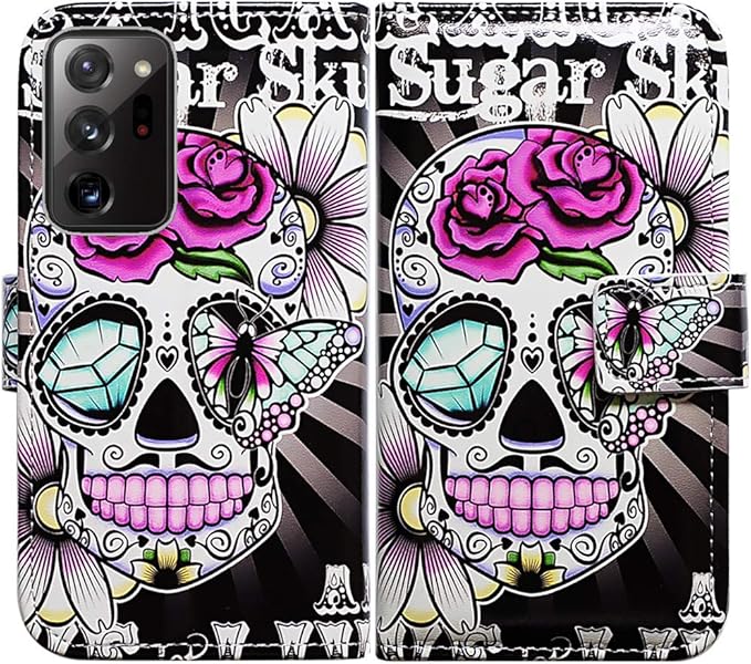 Bcov Case for Samsung Galaxy Note 20 Ultra 5G, Purple Flower Sugar Skull Leather Flip Phone Case Wallet Cover with Card Slot Holder Kickstand for Samsung Galaxy Note 20 Ultra - sugar skull wallets for women