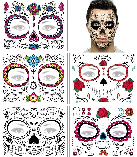 Day of the Dead Face Tattoo Halloween Makeup Tattoos Decor Stickers Sugar Skull Temporary Tattoo for Halloween Masquerade Party with Floral, Glitter Roses, Web and Floral Skeleton Design 5 PACK - sugar skull temporary tattoo