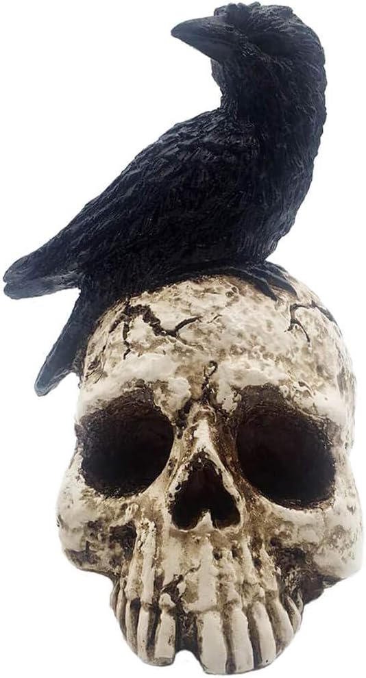 Raven On Skull Halloween Home Decor - Gothic Crow On Skull Statue, Bird Perching On Skeleton Figurine, Macabre Ossuary Sculpture - sugar skull figurine collectible
