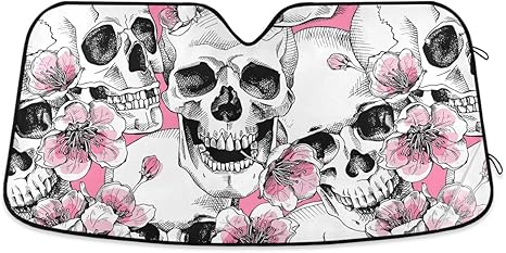 Skull Pink Cherry Blossom Car Windshield Sun Shade Block UV Rays Sun Visor Protector Accordion Folding Sunshade Keep Vehicle Cool&Damage Free, Easy to Use, Fits Windshields of Various Sizes - sugar skull car sunshade for windshield