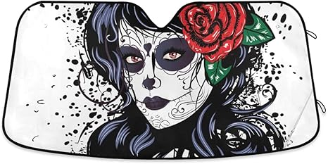 Sugar Skull Girl Rose Car Windshield Sun Shade Block UV Rays Sun Visor Protector Accordion Folding Sunshade Keep Vehicle Cool and Damage Free, Easy to Use, Fits Windshields of Various Sizes - sugar skull car sunshade for windshield