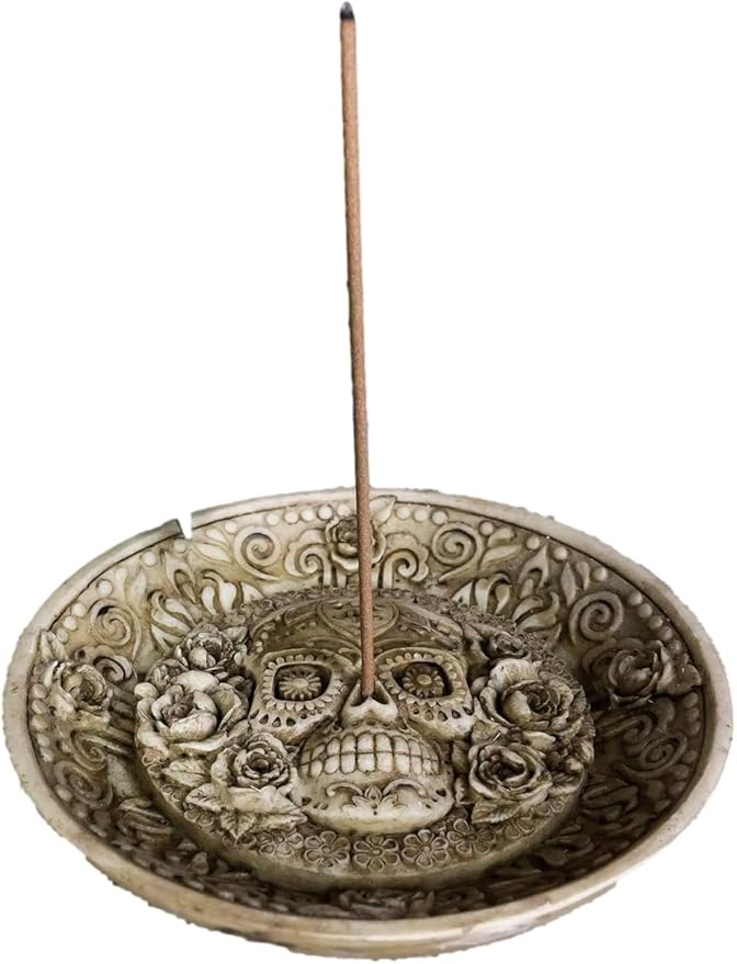 Ebros Day of The Dead Inca Floral Rose Sugar Skull Incense Stick Burner Holder Medallion Dish Figurine Skeletons Halloween Ossuary Aromatherapy Coin Jewelry Dishes Decorative Accent - sugar skull figurine collectible