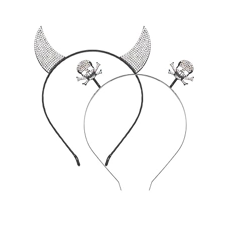 Halloween Devil Horns Headband Rhinestone Skull Head Boppers Hair Band Sparkle Crystal Skeleton Headpiece Party Cosplay Props Dress Supplies Costume Hair Accessories for Women Girls (Set 2pcs) - sugar skull flower crown