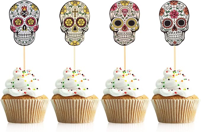 48 Pieces Day of the Dead Sugar Skull Cupcake Toppers Dia De Los Muertos Cake Picks for Halloween Party Table Decorations - sugar skull coffee cup