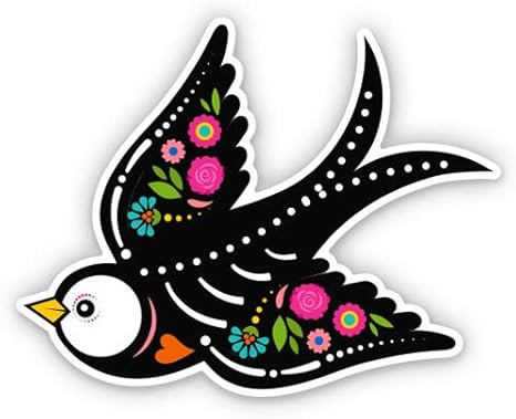 Bird Swallow Mexican Sugar Skull Style - 3" Vinyl Sticker - for Car Laptop Water Bottle Phone - Waterproof Decal - sugar skull vinyl sticker
