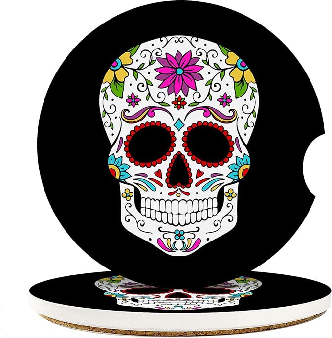 Britimes Absorbent Car Coasters 2 Pack for Cup Holders, 2.56" Ceramic Stone & Non-Scratch Cork Base Drink Coasters Sugar Skull - sugar skull car floor mats