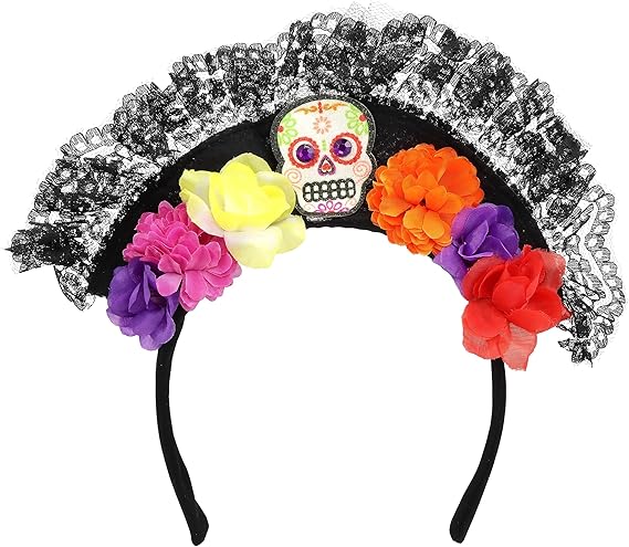 Needzo Day of The Dead Costume Headband For Women, Dia De Los Muertos, With Sugar Skull and Flowers, Halloween, One Size Fits Most - sugar skull flower crown