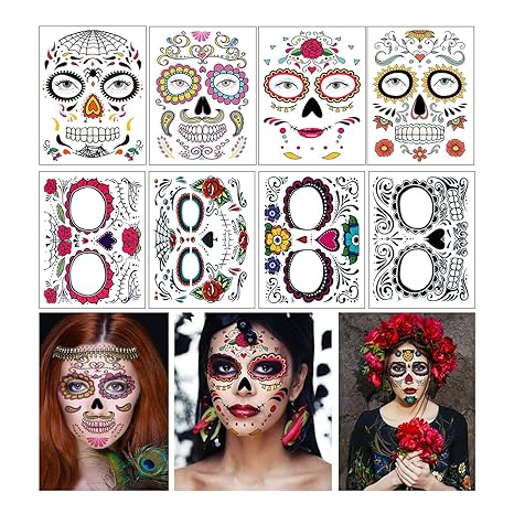 Day of the Dead Face Tattoos, 8 Sheets Sugar Skull Temporary Face Tattoos Stickers for Halloween Party Makeup - sugar skull flower crown