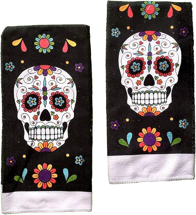 Halloween Day of The Dead Sugar Skull Set of 2 Towels | Kitchen Towels | Hand Towels for Bathroom | Hand Towels for Decoration | Kitchen Towel Set | Decorative Towels Kitchen - sugar skull beach towel