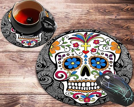 Round Mouse Pad and Coasters Set, Sugar Skull Mousepad, Non-Slip Rubber Round Mouse Pad, Customized Mouse Mat for Working and Gaming - sugar skull car floor mats